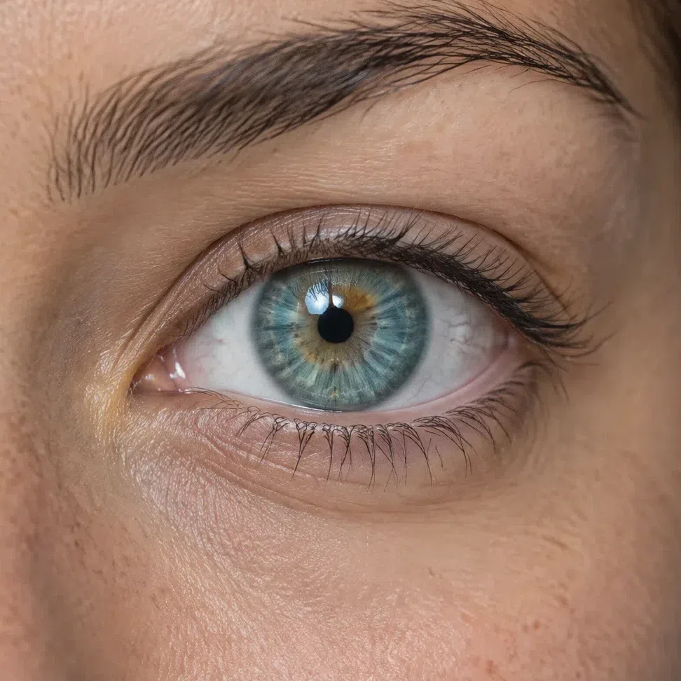 A teal Warm Spring iris balanced between blue and green, on a light olive complexion