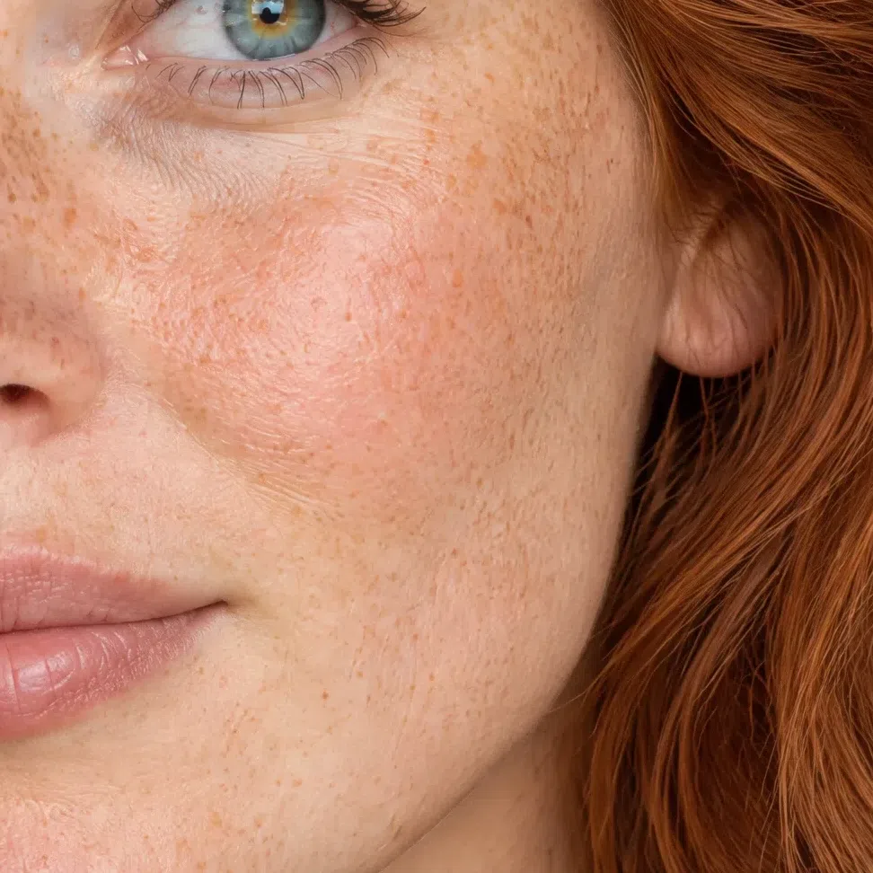 Close crop of fair Spring cheek skin with a peach cast and faint ginger freckles