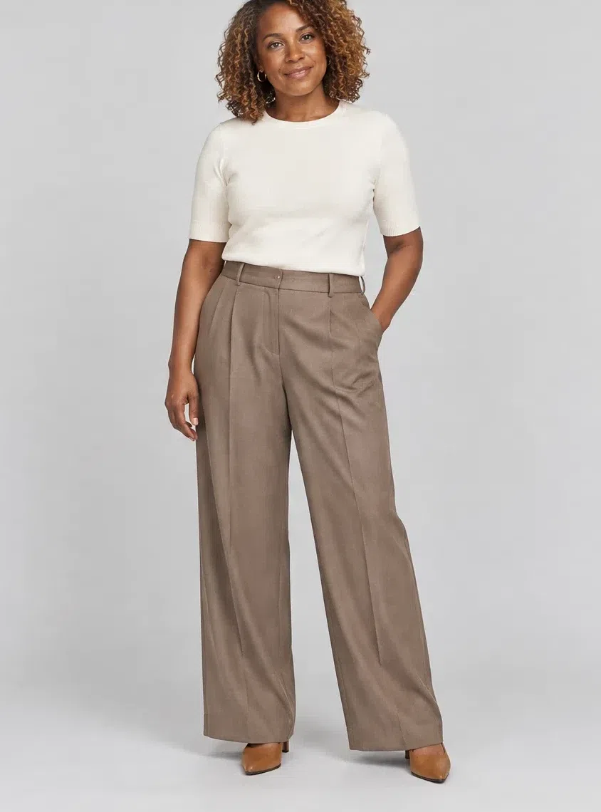Putty tailored trousers, Warm Spring capsule wardrobe, Deep complexion