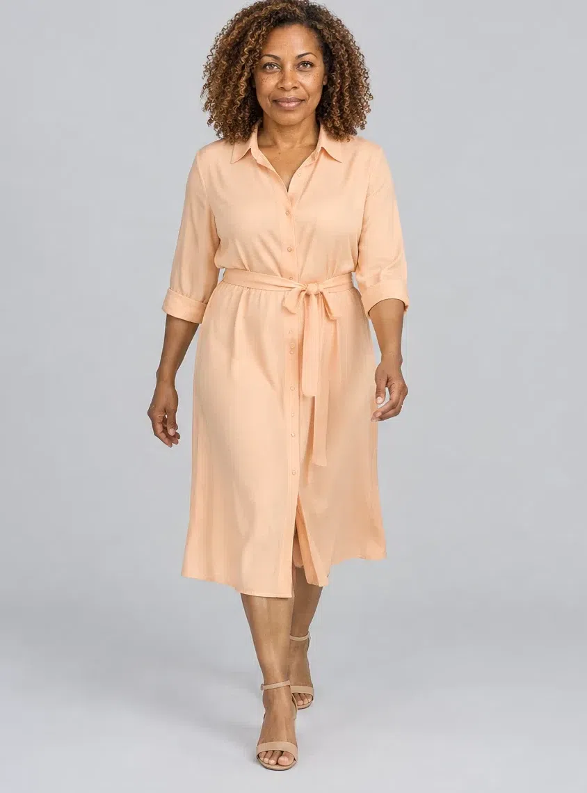 Nectarine silk shirt dress, Warm Spring capsule wardrobe, Deep complexion