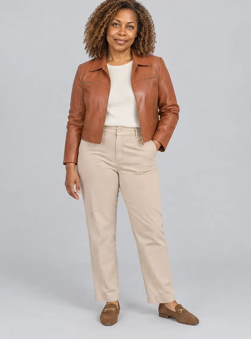 Chestnut leather jacket, Warm Spring capsule wardrobe, Deep complexion