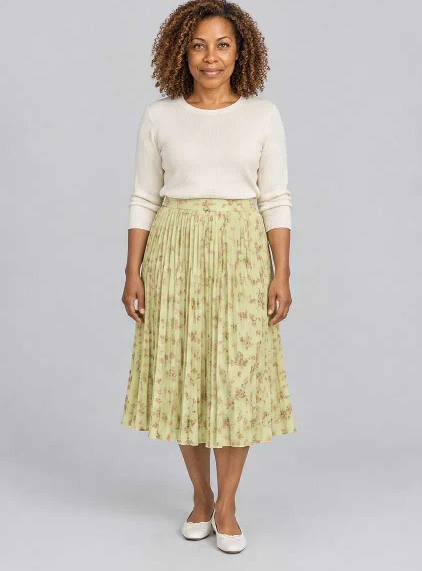 Celery floral midi skirt, Warm Spring capsule wardrobe, Deep complexion