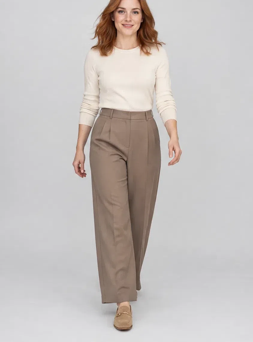 Putty tailored trousers, Warm Spring capsule wardrobe, Fair complexion