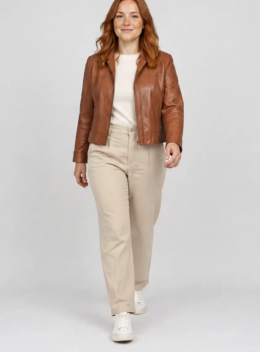 Chestnut leather jacket, Warm Spring capsule wardrobe, Fair complexion