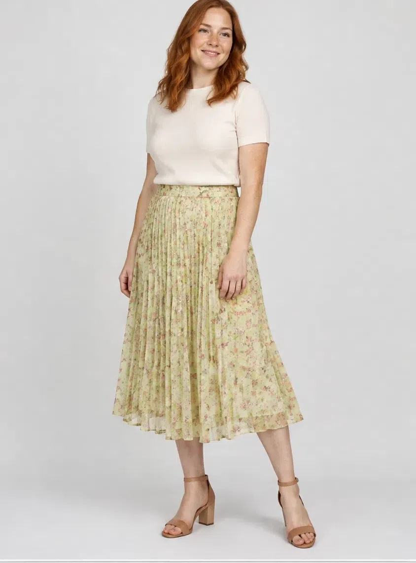 Celery floral midi skirt, Warm Spring capsule wardrobe, Fair complexion