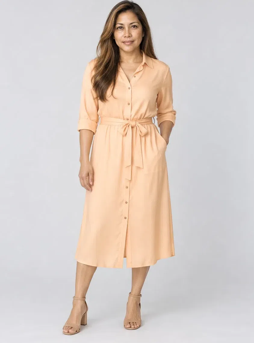 Nectarine silk shirt dress, Warm Spring capsule wardrobe, Medium complexion