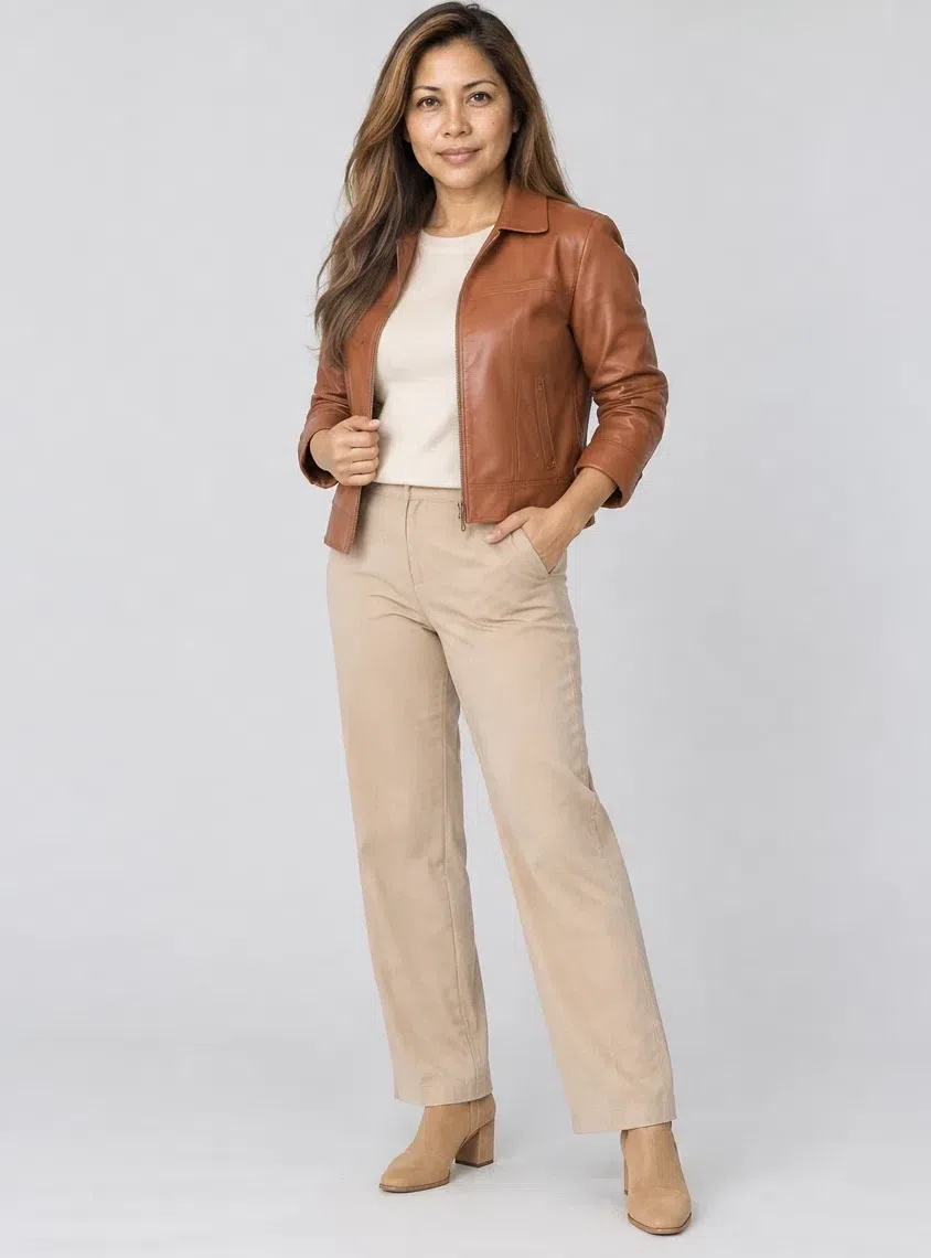 Chestnut leather jacket, Warm Spring capsule wardrobe, Medium complexion