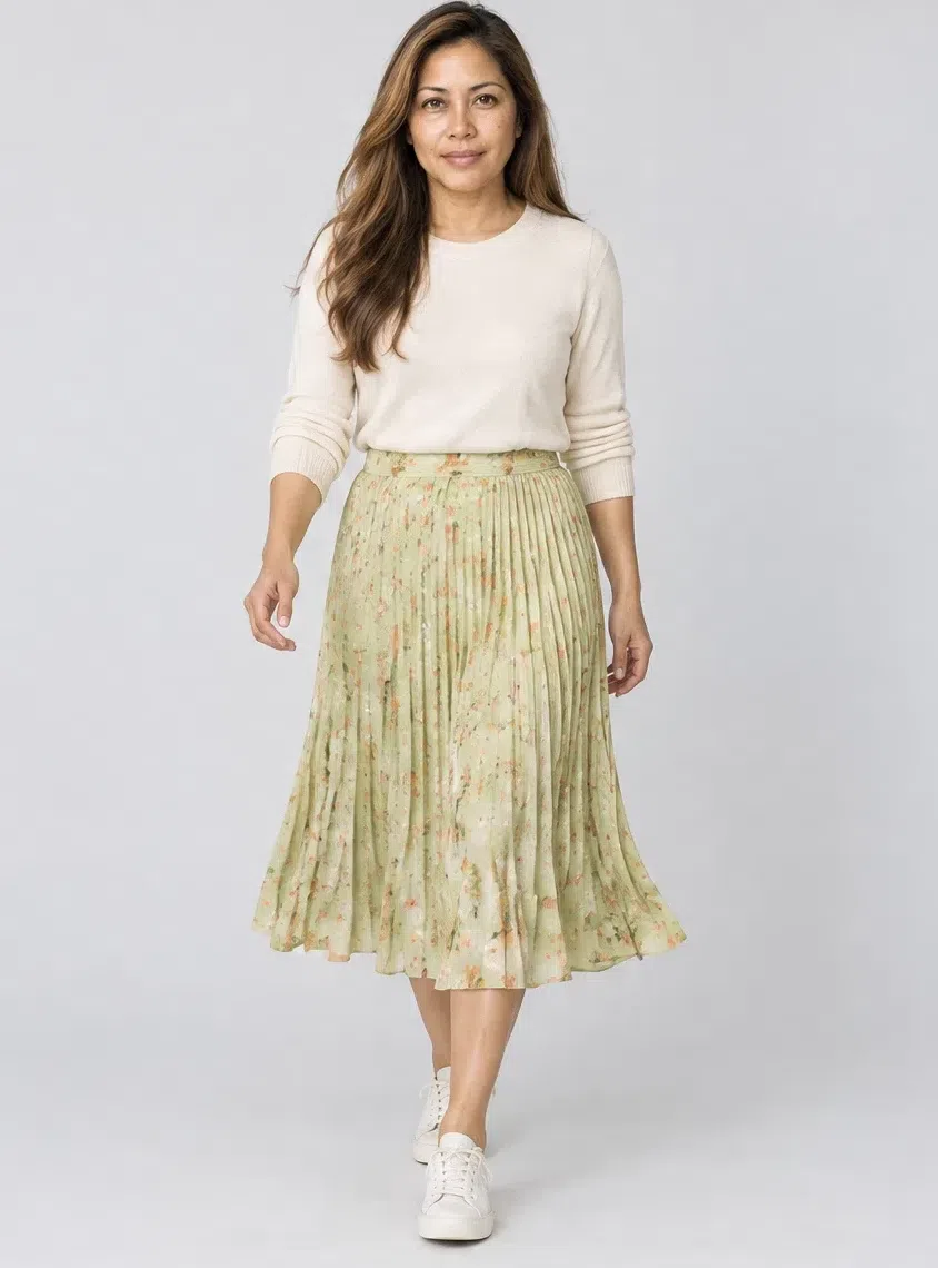 Celery floral midi skirt, Warm Spring capsule wardrobe, Medium complexion