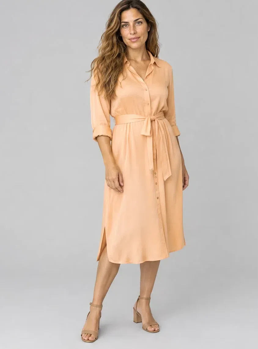Nectarine silk shirt dress, Warm Spring capsule wardrobe, Light complexion