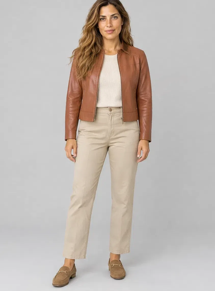 Chestnut leather jacket, Warm Spring capsule wardrobe, Light complexion