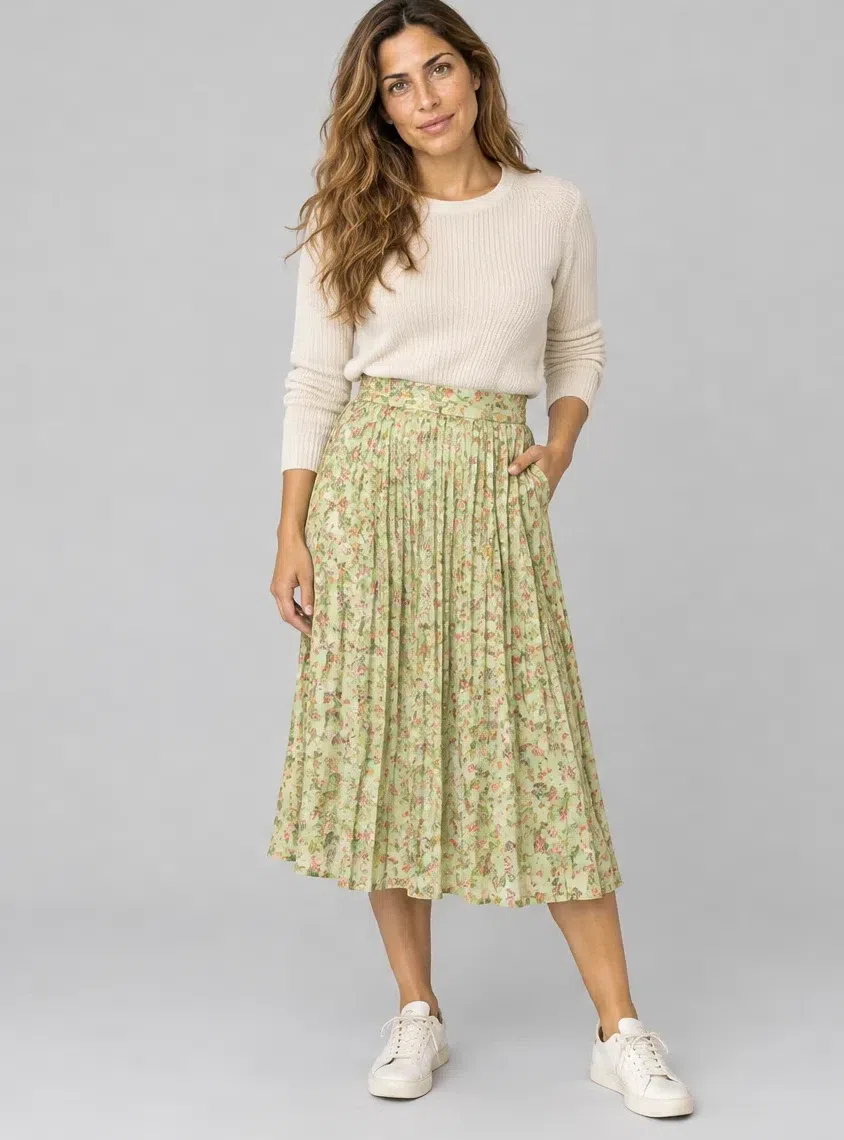Celery floral midi skirt, Warm Spring capsule wardrobe, Light complexion
