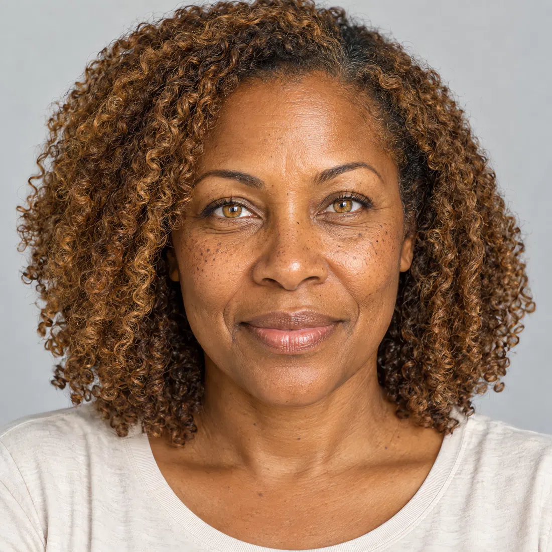A Warm Spring woman with deep brown skin, golden-bronze curly hair and amber eyes, in a plain light top