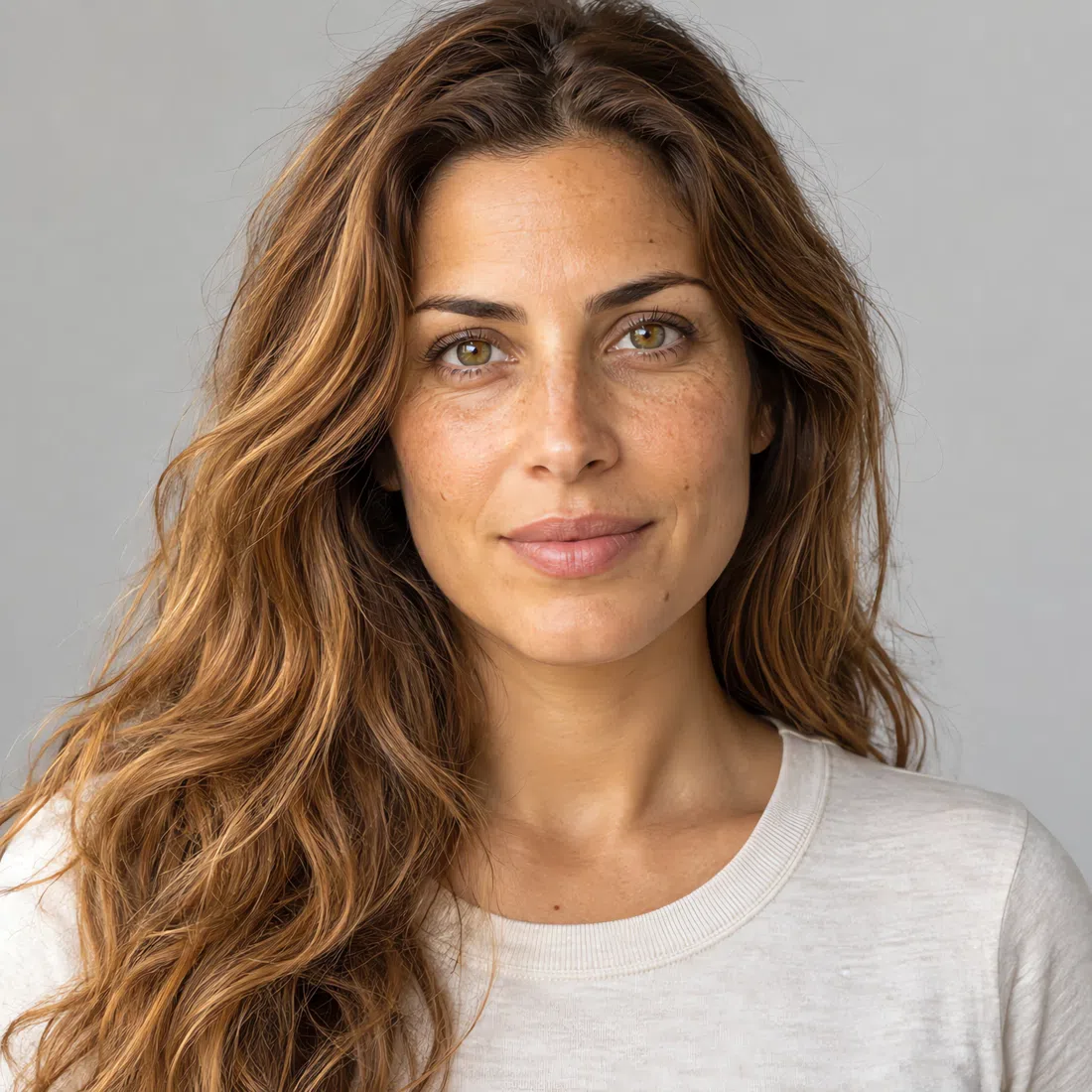 A Warm Spring woman with light olive skin, long honey-brown hair and green-hazel eyes, in a plain light top