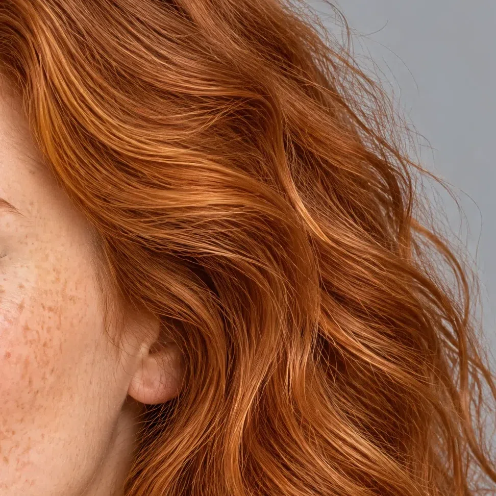 Bright natural-looking copper hair beside a fair freckled cheek