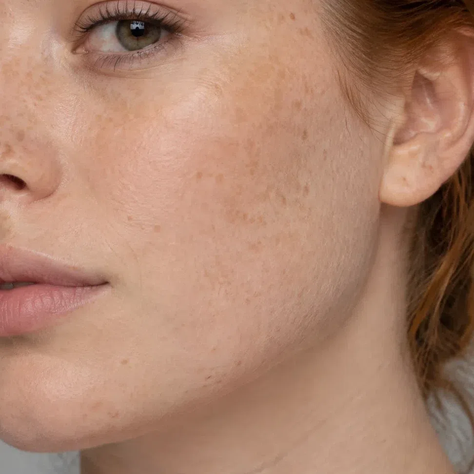 Close crop of fair freckled skin wearing a warm ivory foundation