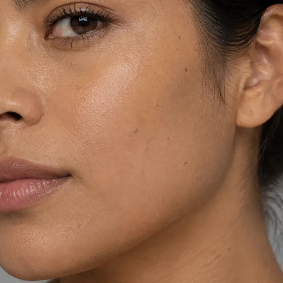 Honey beige foundation on a medium tan Warm Spring complexion
