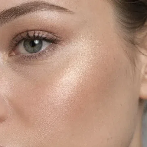 Warm champagne highlighter on a fair Warm Spring complexion