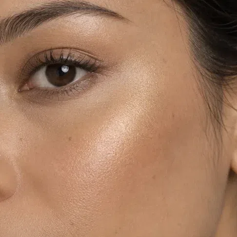 Golden glow highlighter on a light olive Warm Spring complexion