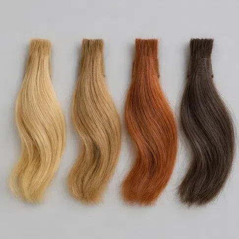 A row of hair samples, gold through to ginger, ending on a cool dark brown that does not belong