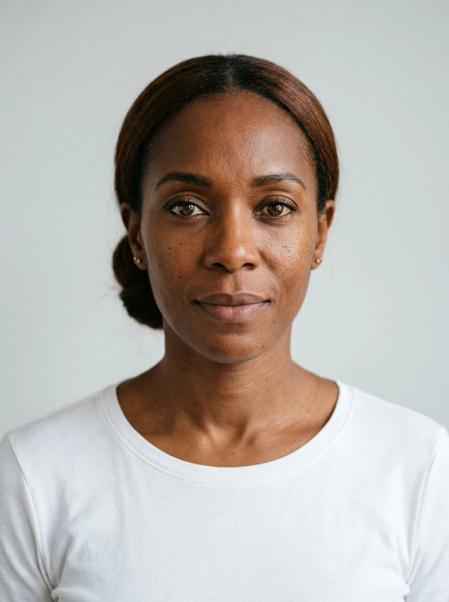 A deep-skinned Autumn woman in a plain tee that takes on the color of whichever circle you tap