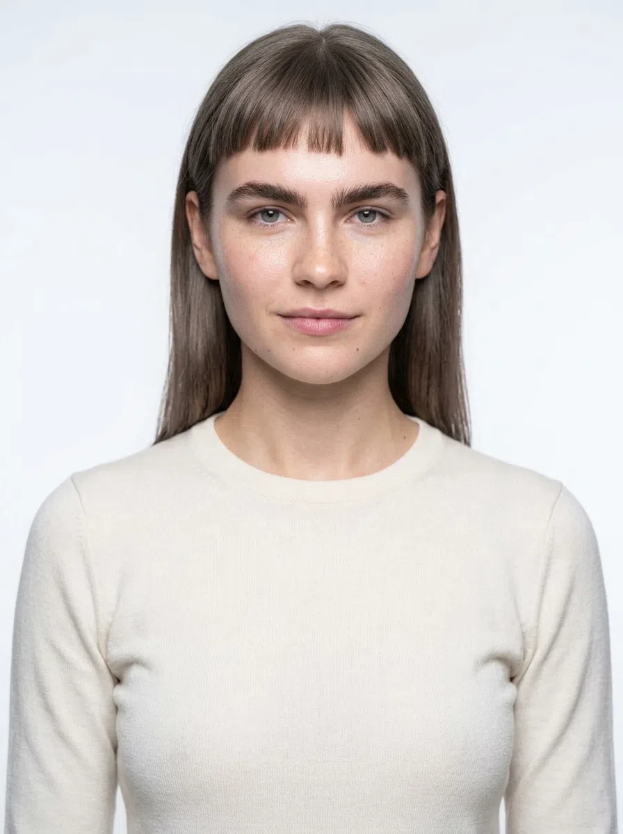 A Cool Summer model with ash-brown hair and gray-blue eyes, her sweater recolored to the circle you tap