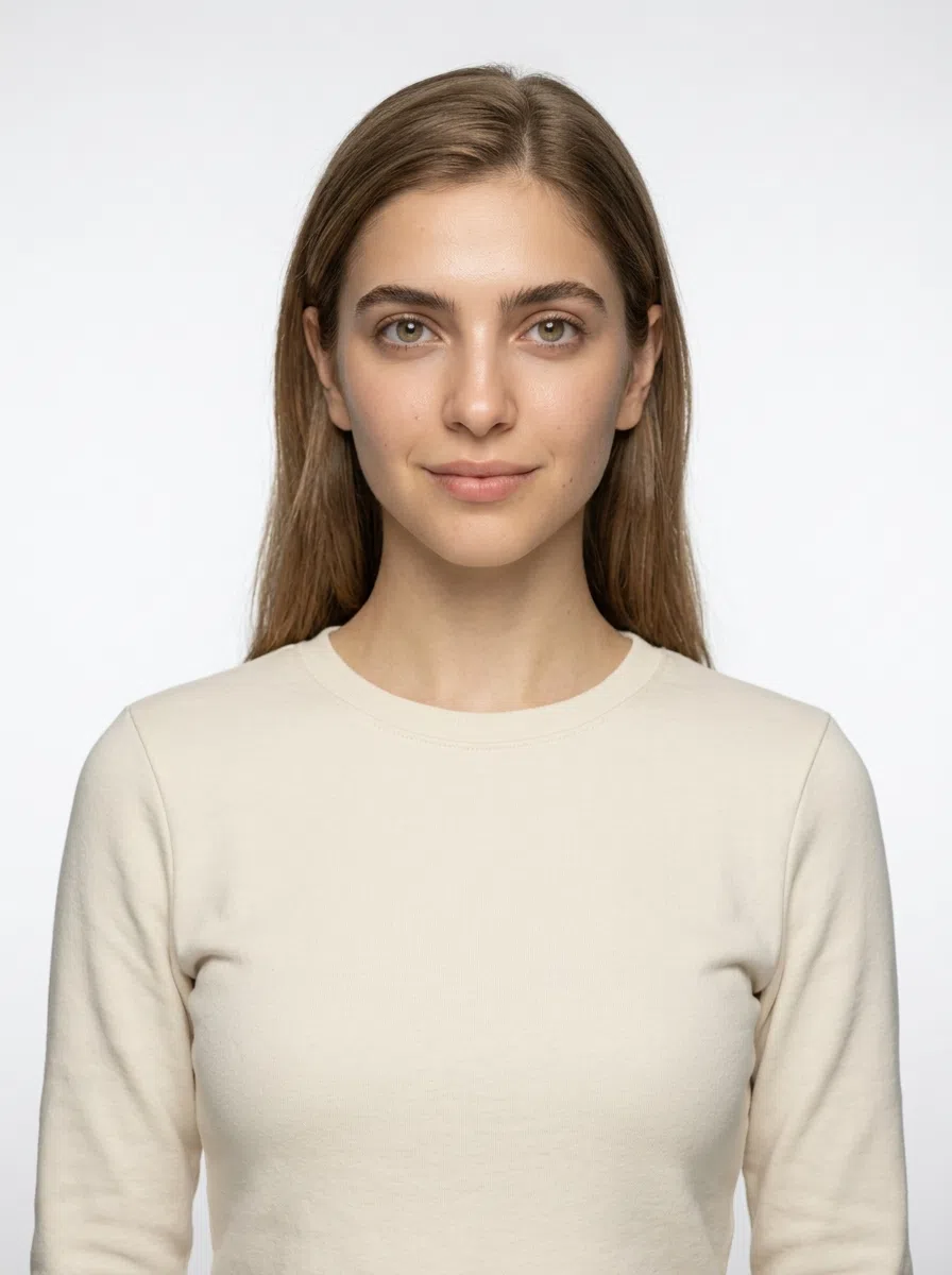 A Soft Autumn model - light olive-beige skin, soft light brown hair, in a plain cream top