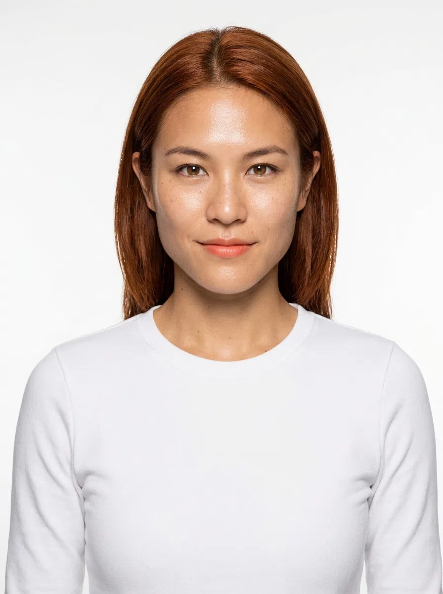 A Warm Autumn model - golden skin with freckles, copper-red hair, in a plain white top