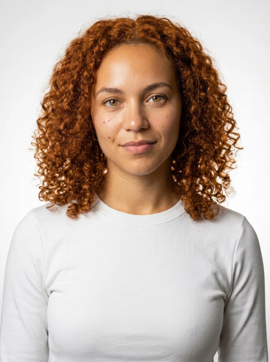 A Warm Spring model - golden skin, copper hair, in a plain white top