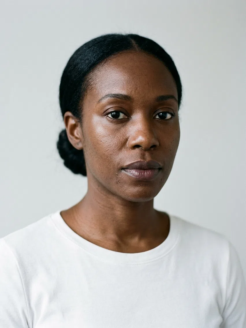 A Winter model with a deep complexion and her hair in a low bun, in a plain white top that switches to whichever shade is selected