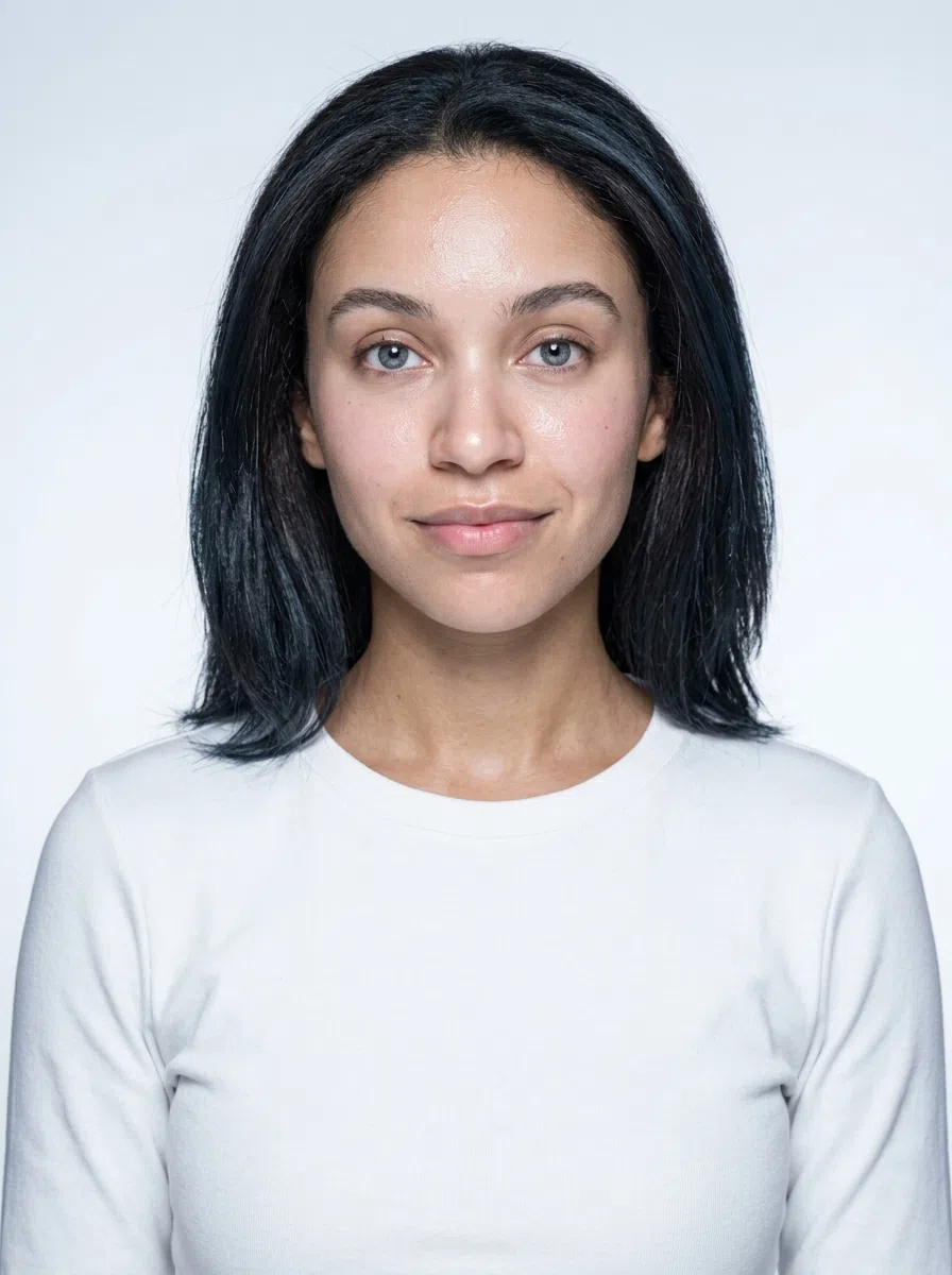 A Cool Winter model with shoulder-length blue-black hair and pale blue-gray eyes, wearing a plain long-sleeve top that takes on each palette color