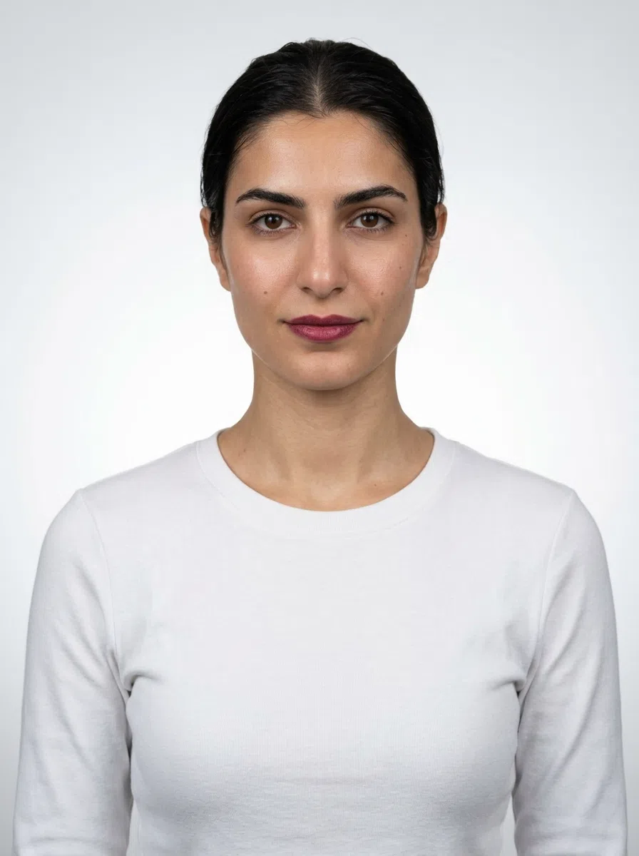 A Deep Winter model with dark hair pulled back, wearing a plain white long-sleeve top that changes color with the selected circle