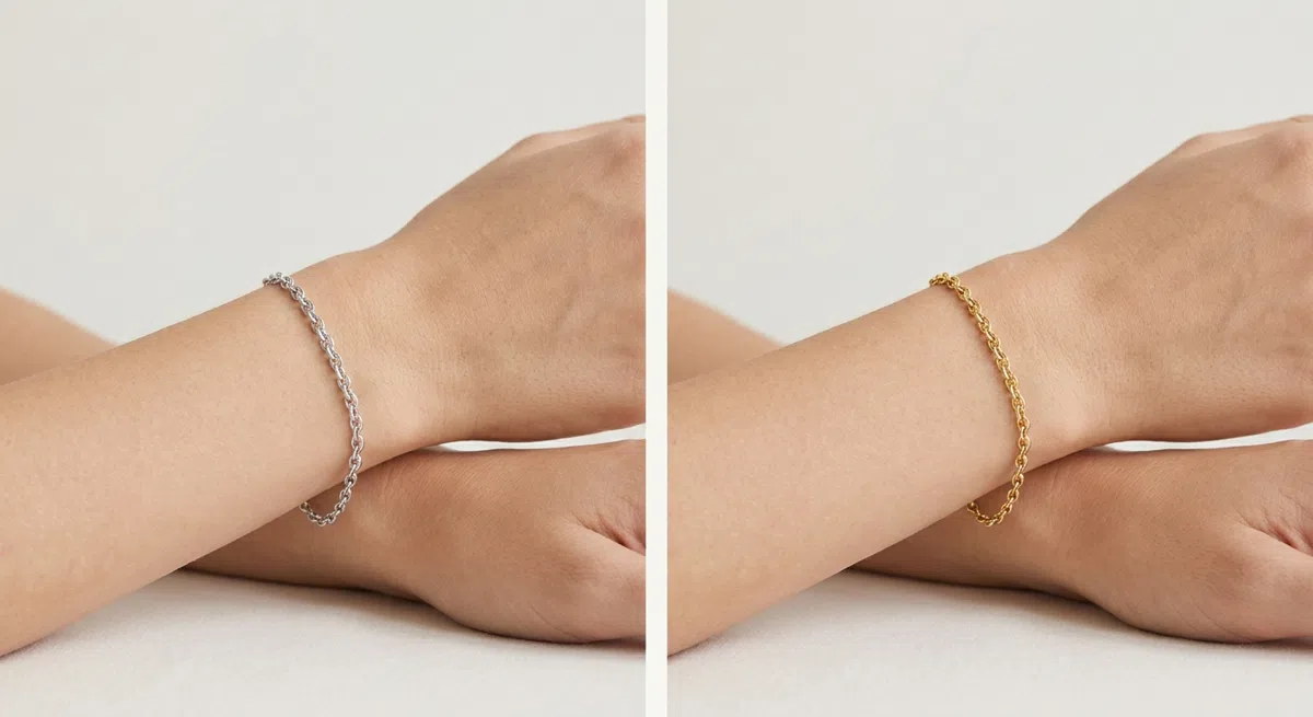 A yellow gold band and a silver band laid against bare skin in daylight for the gold-or-silver Autumn check