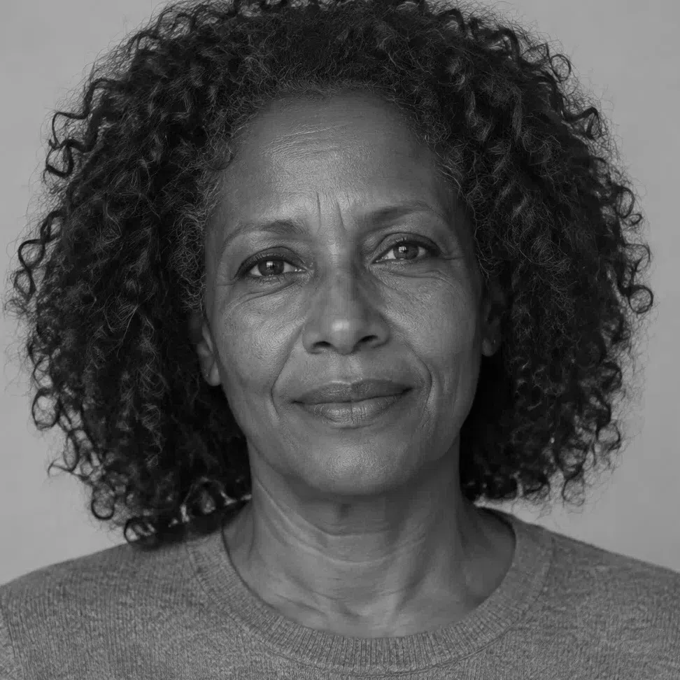 A deep-skinned Autumn with auburn curls, grayscale: curls and face both low on the scale, a moderate gap apart