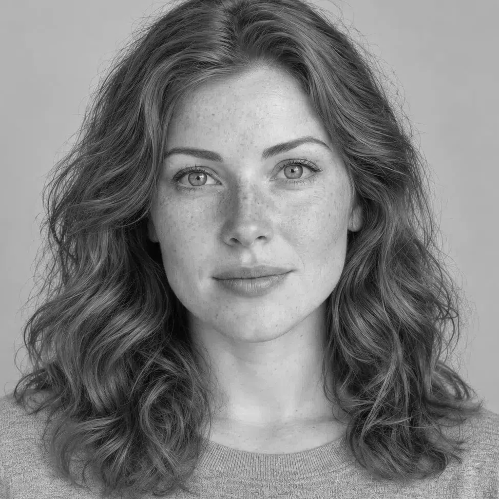 A fair Spring in grayscale, her copper hair and her skin landing on neighboring grays