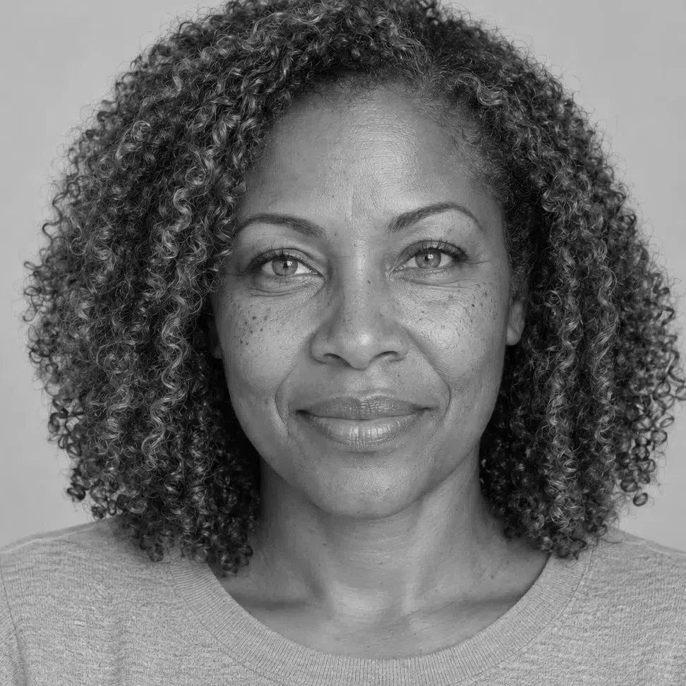 A deep-complexion Spring in grayscale, her dark golden-brown hair close in tone to her skin