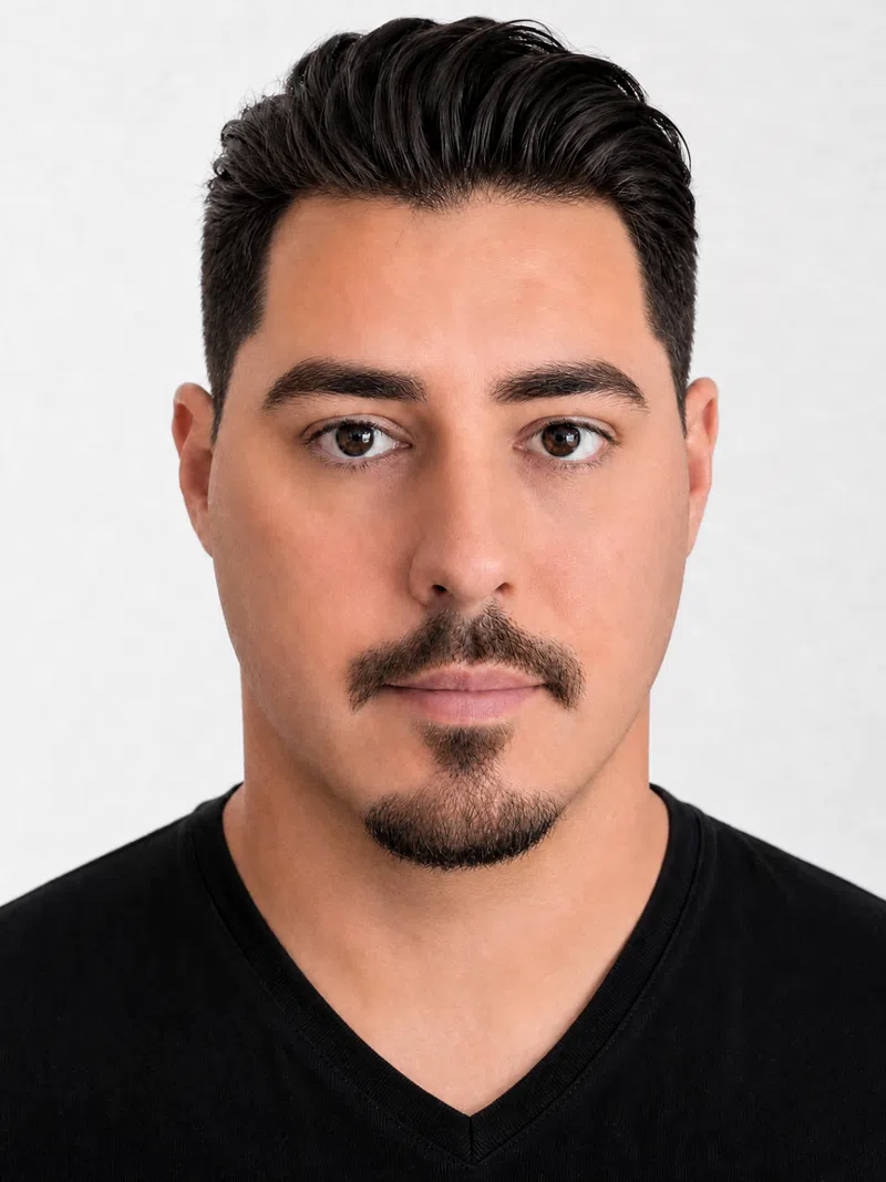 Projection for a man, front view: haircut, beard line and skin tone