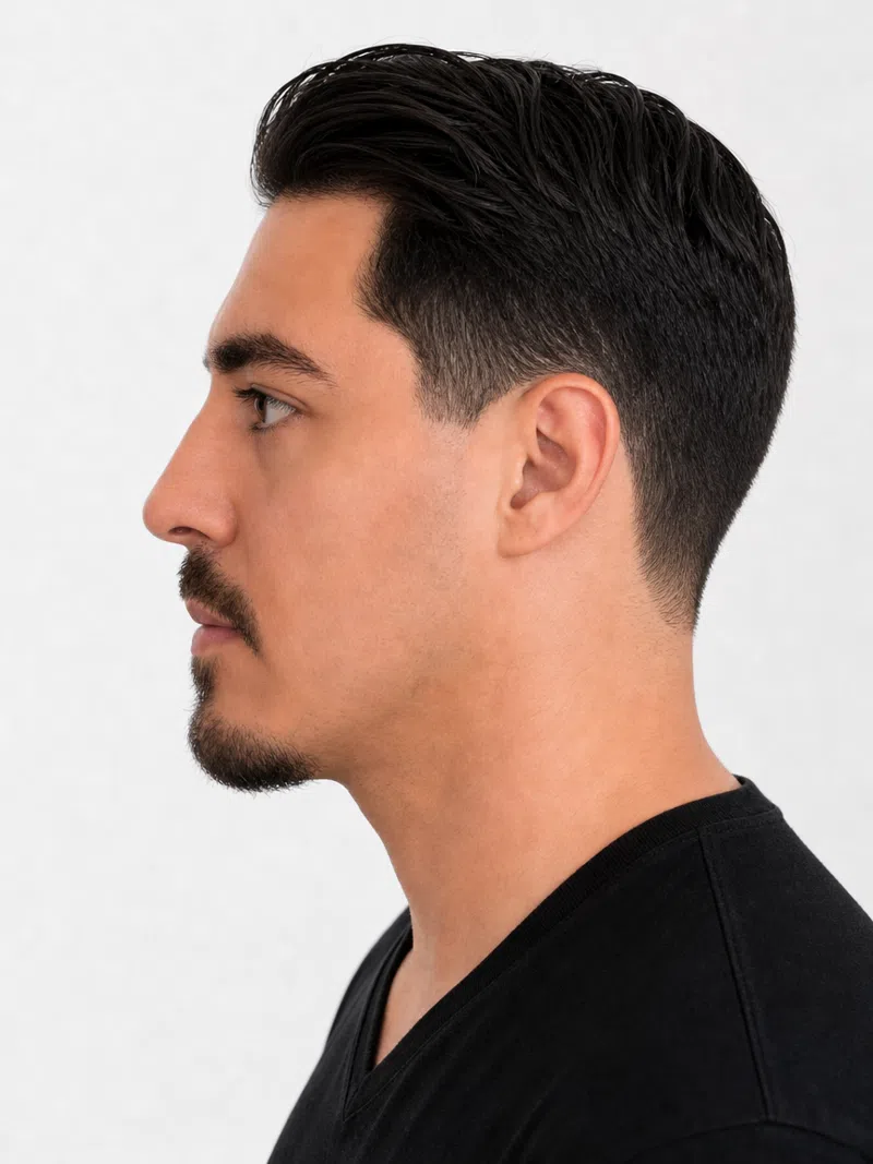 Projection for a man's profile: haircut, trimmed beard and posture